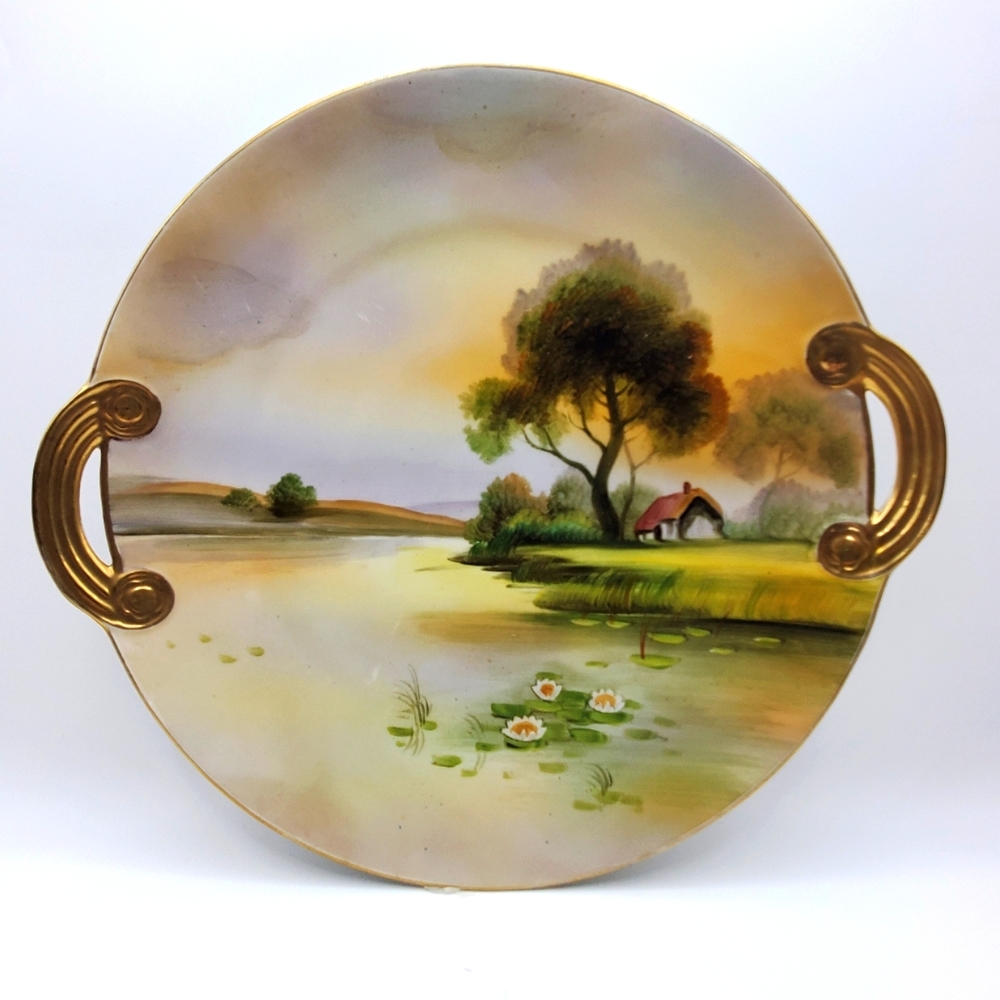 Noritake Hand Painted Porcelain Cake Plate Gilded Handled Lake Scene Platter